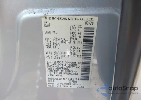 2020 Nissan Frontier z USA, uszkodzony, nr VIN 1N6ED0EA0LN714338